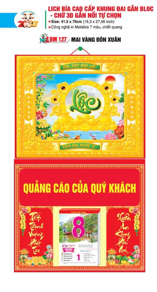 Bìa Lịch Treo Khung Đại Gắn Bloc BM 2027 BM127 - Mai Vàng Đón Xuân - Quà Tặng Giáo Dục