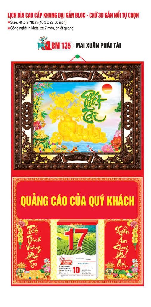 Bìa Lịch Treo Khung Đại Gắn Bloc BM 2027 BM135 - Mai Xuân Phát Tài - Quà Tặng Giáo Dục