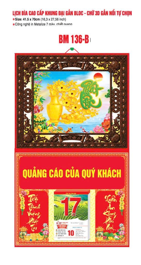 Bìa Lịch Treo Khung Đại Gắn Bloc BM 2027 BM136BI - Kim Dương Phú Quý - Quà Tặng Giáo Dục